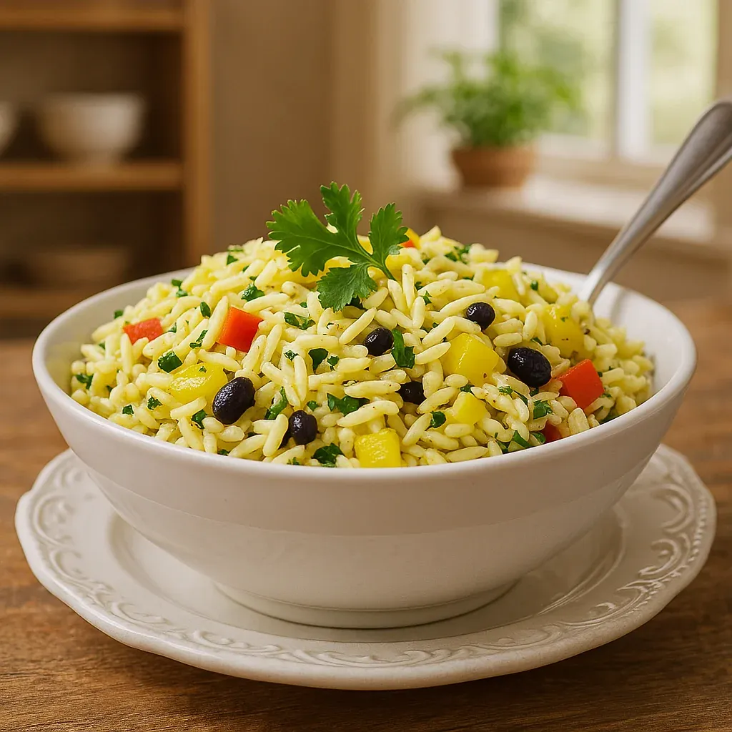 A vibrant rice bowl with vegetables and herbs.