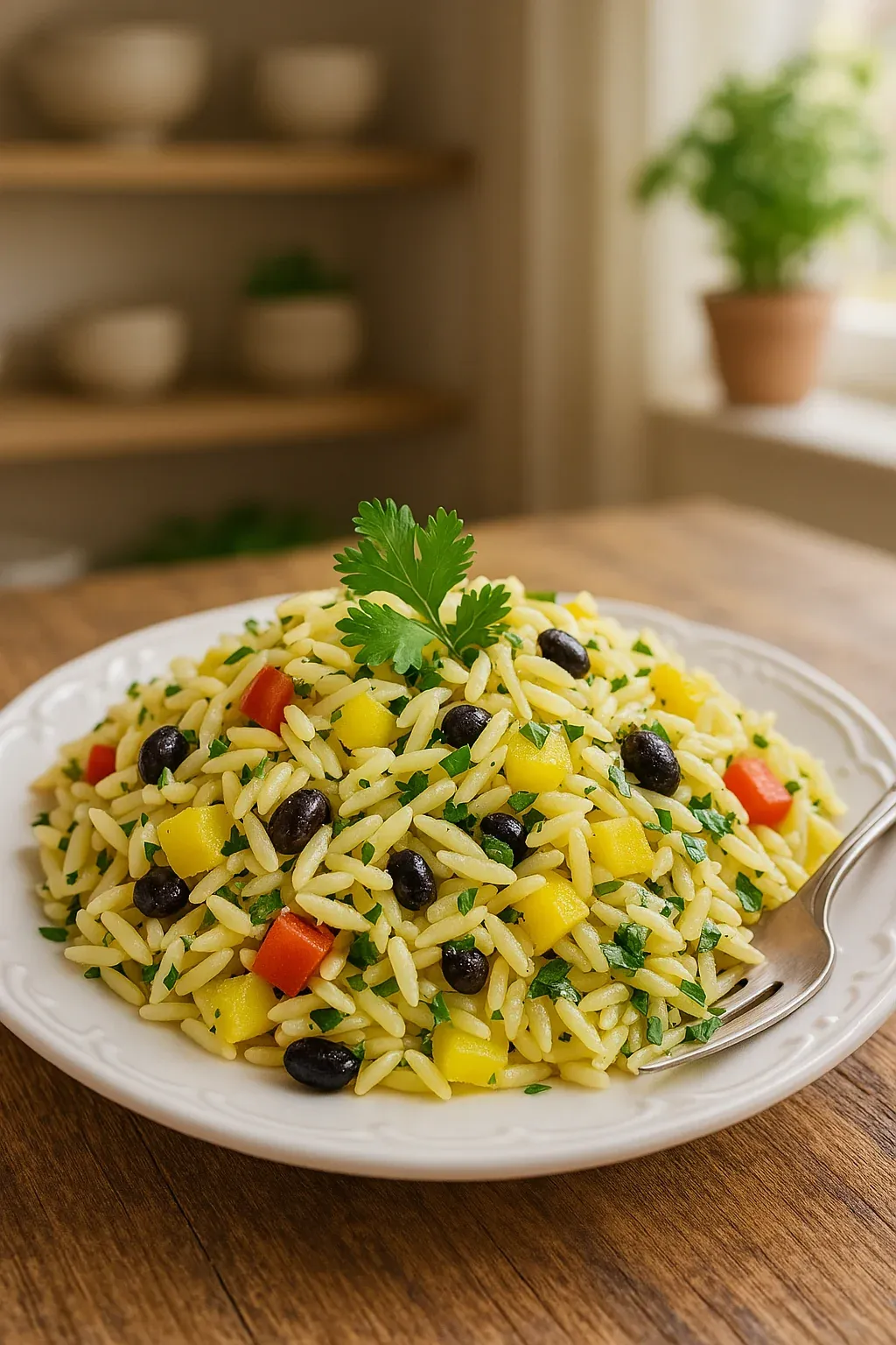 A plate of rice with vegetables on top.