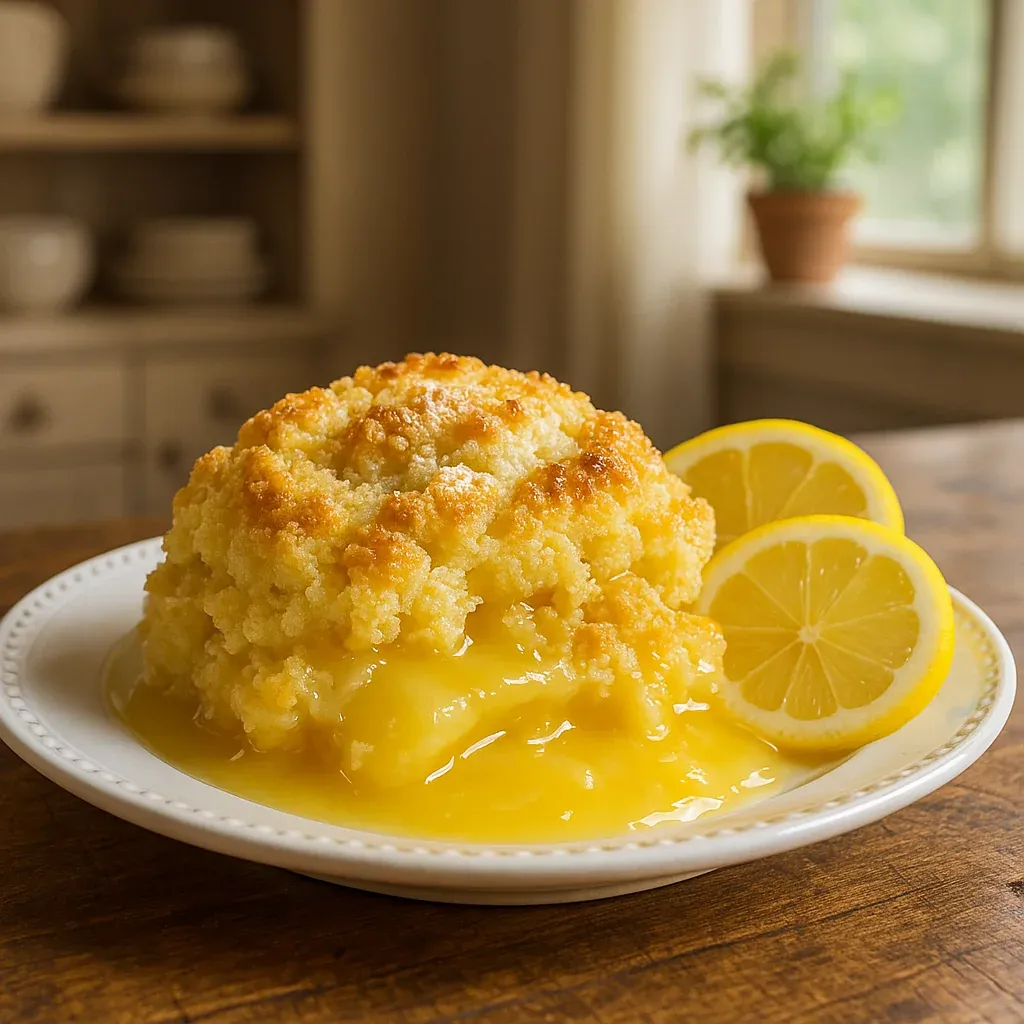 A plate of cobbler with a wedge of lemon.
