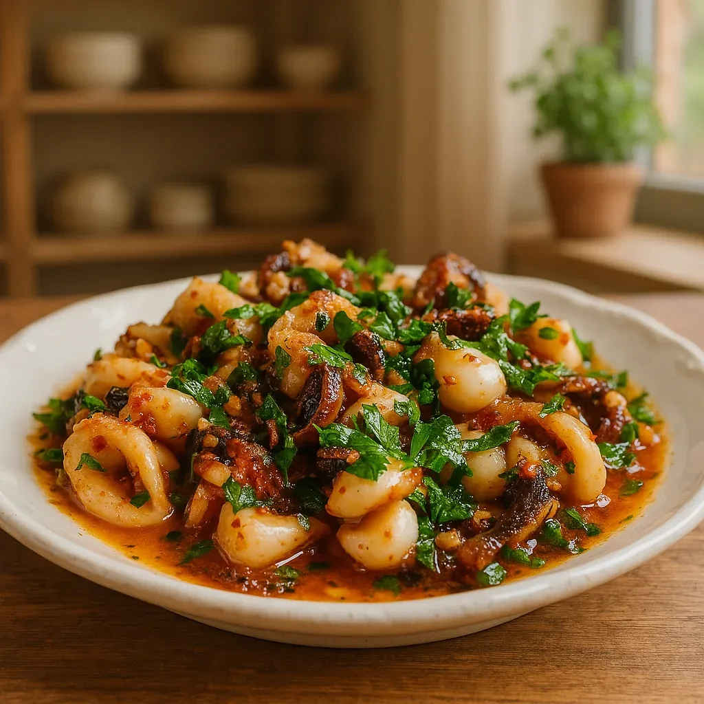 A colorful plate of delicious seafood with green garnish.