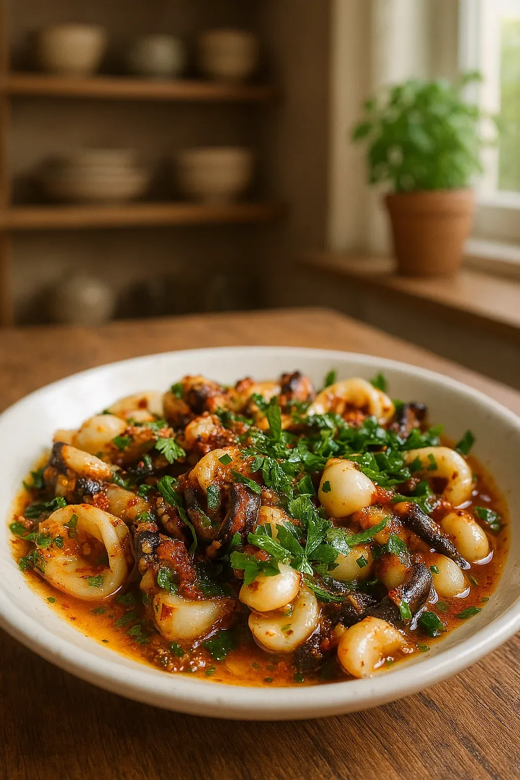 A bowl of food with a potted plant in the background.