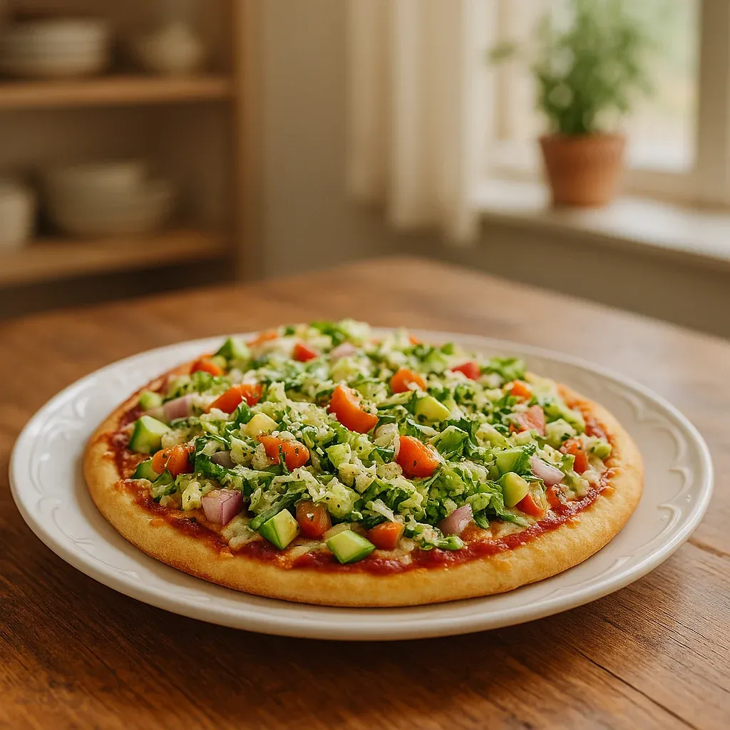 Pizza loaded with fresh veggies on a white plate.