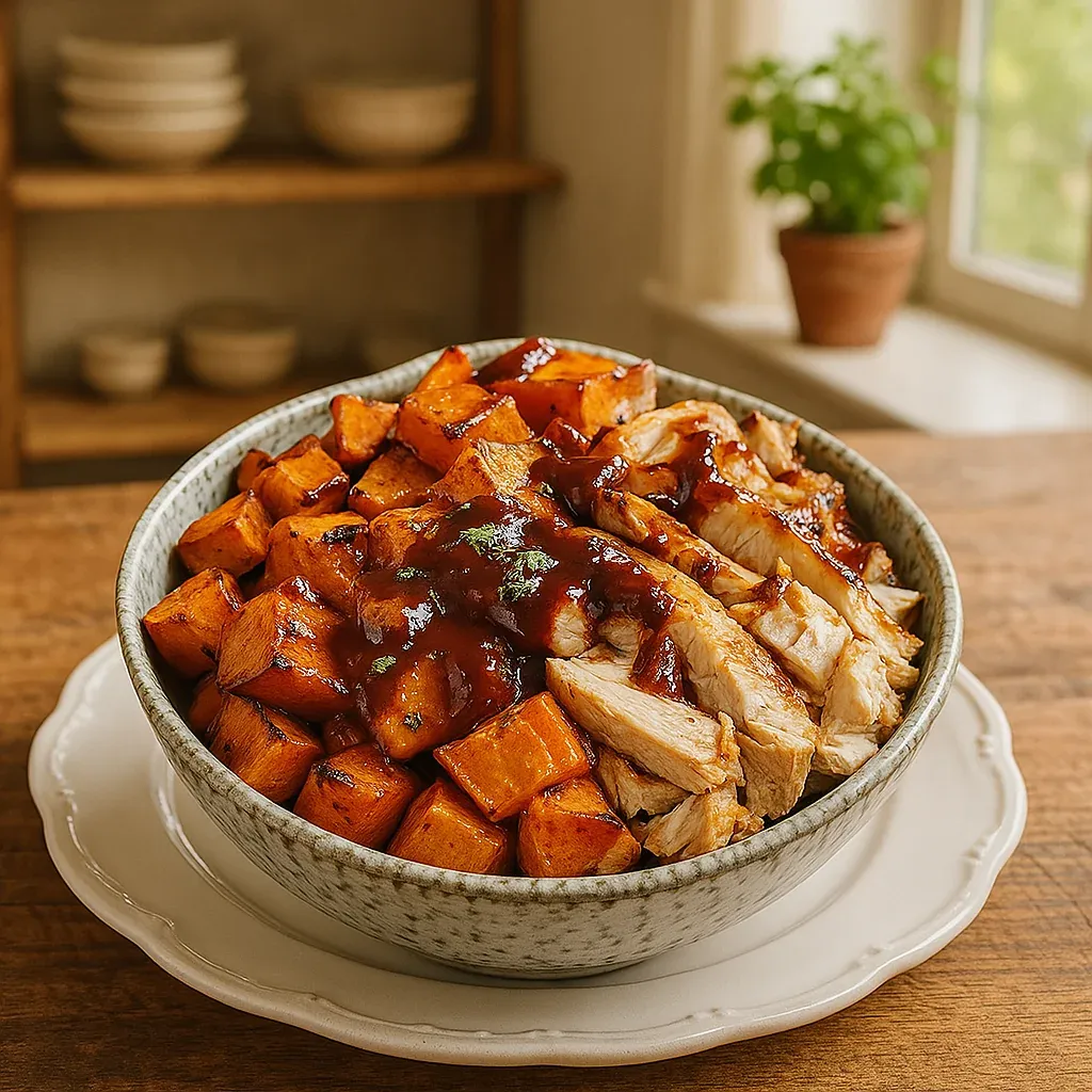 A bowl with smoky chicken and veggies.