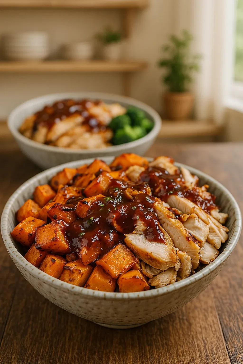 A bowl of food with meat and vegetables.