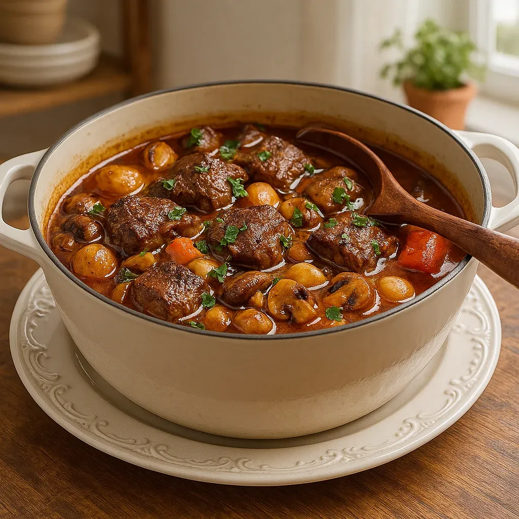 A hearty stew served with a spoon.