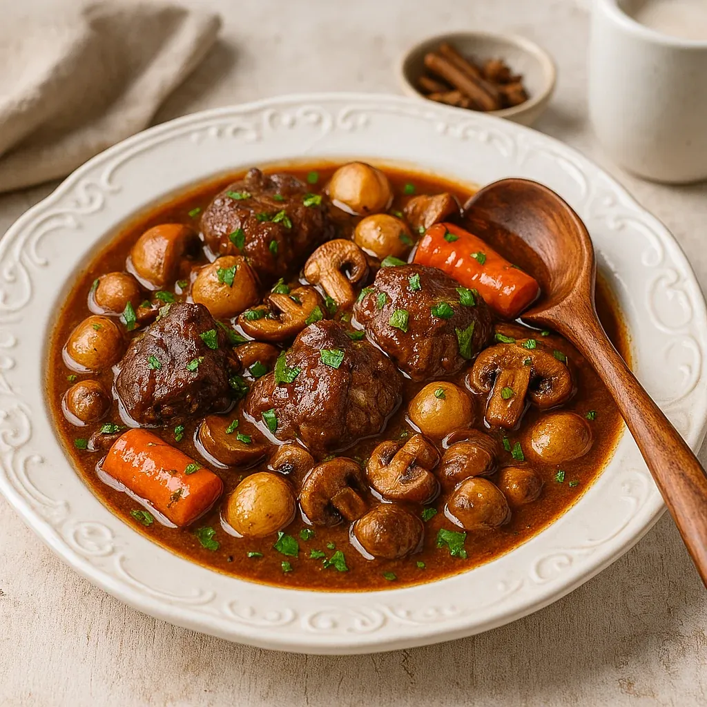 A plate of food with meat and vegetables.