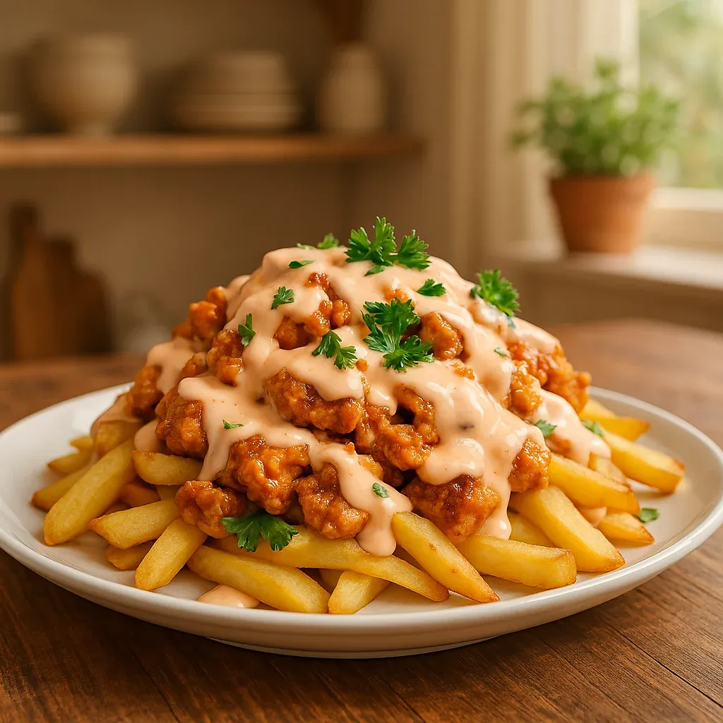 Hearty fries topped with flavorful chicken and sauce.
