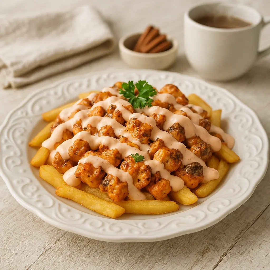 A plate of food with fries and meat on it.