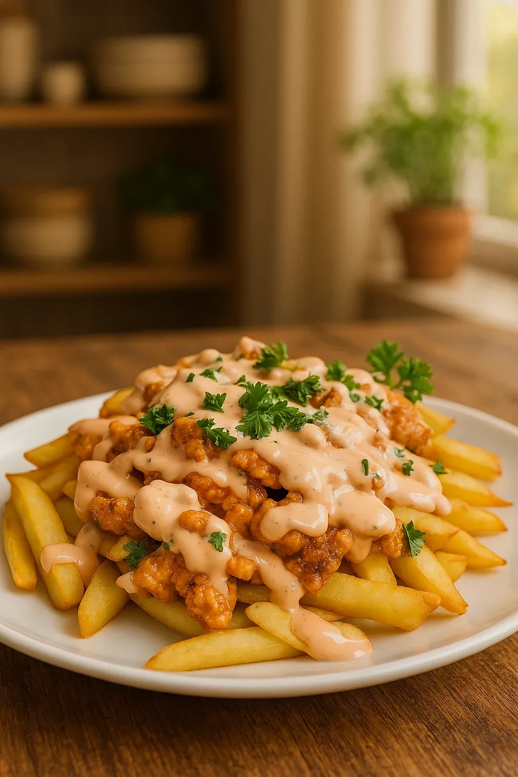 A plate of fries with a creamy sauce.