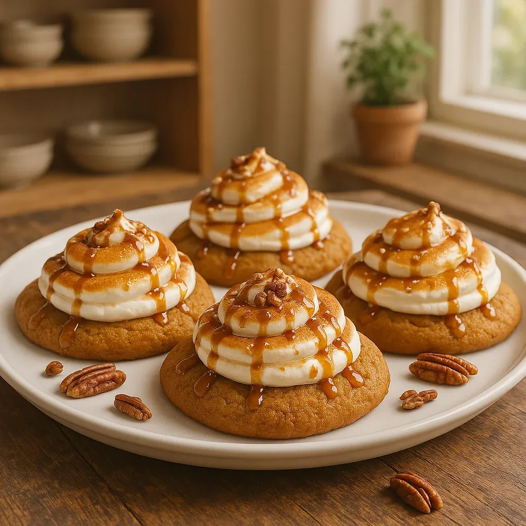 Plate of fluffy cookies drizzled with caramel.