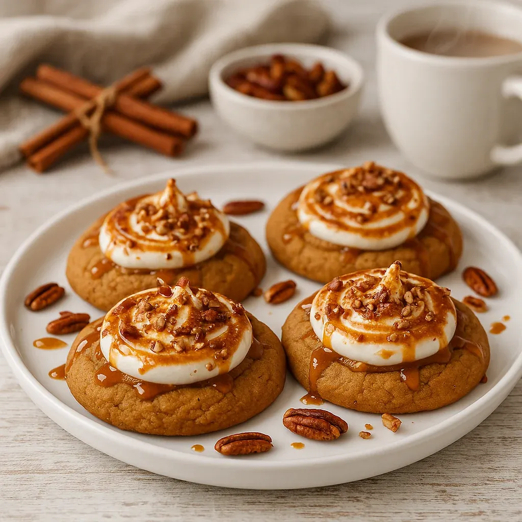 A plate of cookies with white icing and nuts.