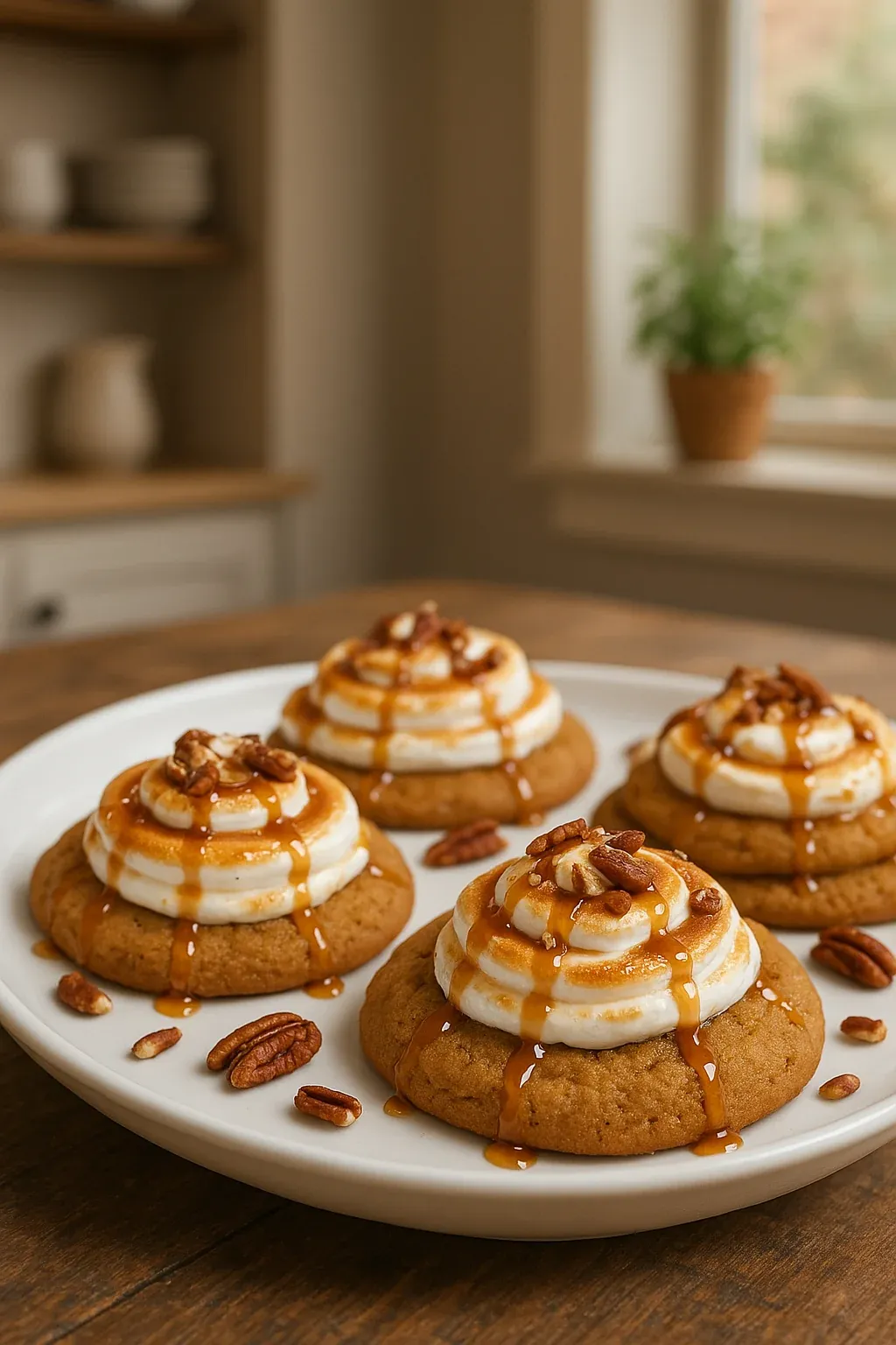 A plate of cookies with caramel drizzle.
