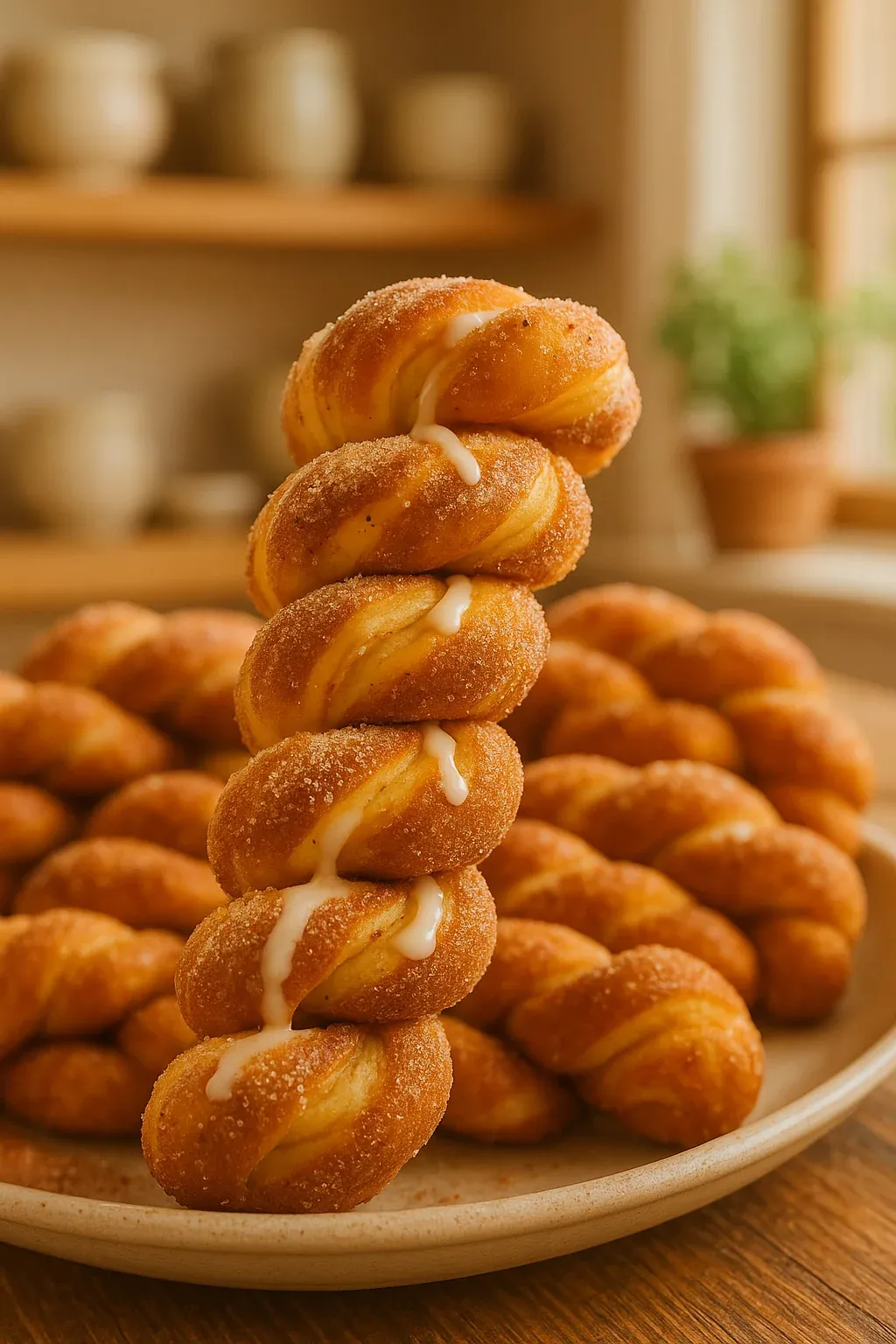 A stack of doughnuts with icing.