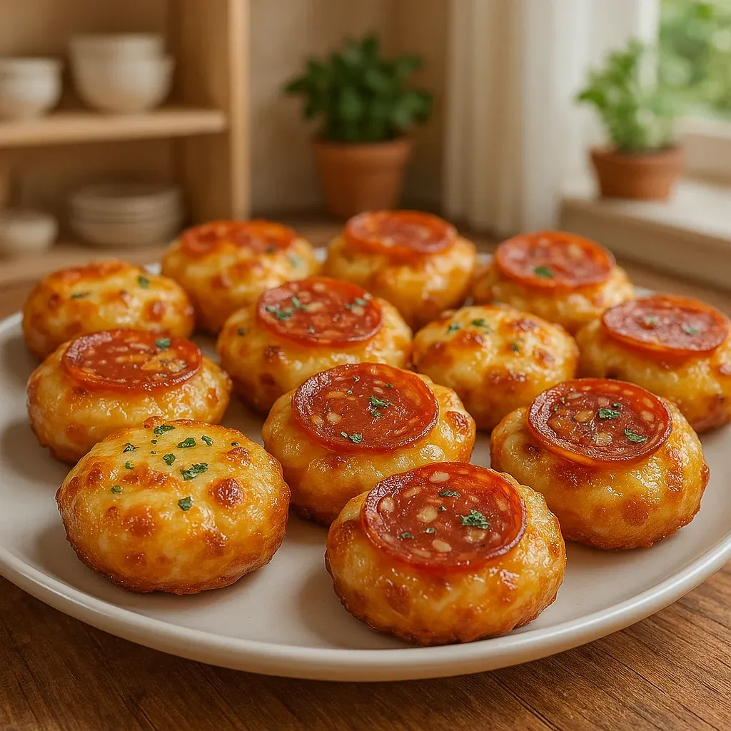 A tasty plate full of mini pizza-inspired snacks.