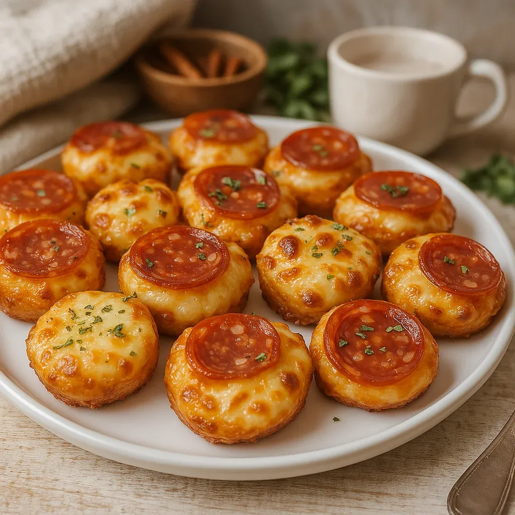 A plate of mini pizzas with cheese and pepperoni.