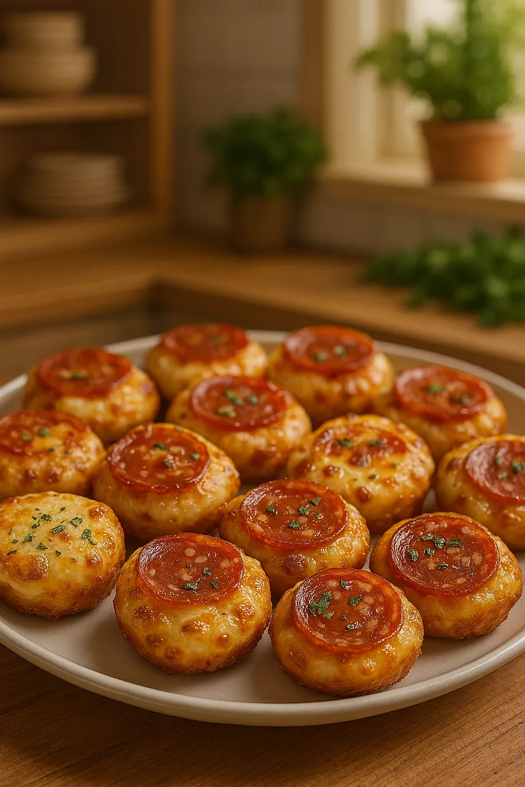 A plate of cheese and tomato pizza bites.