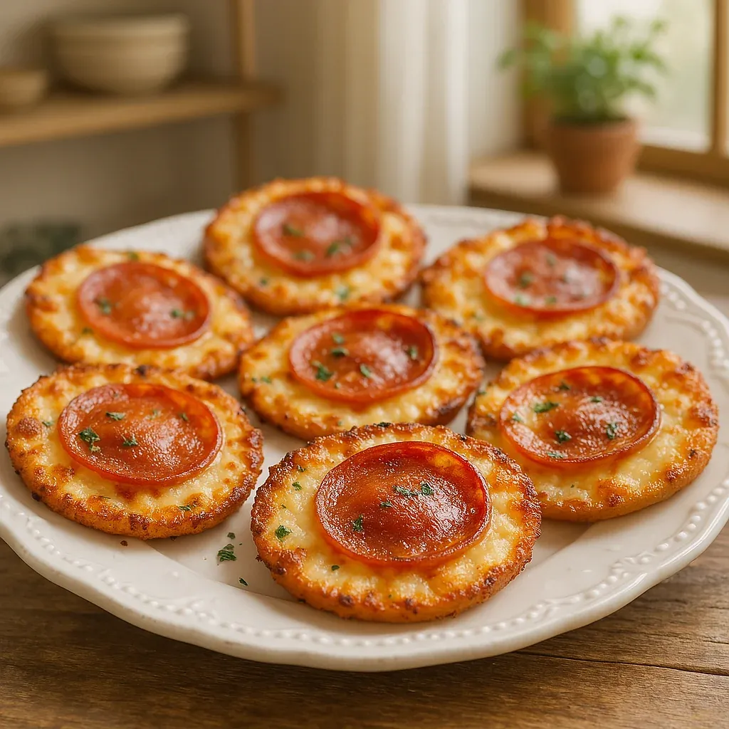 A dish loaded with cheesy pepperoni bites.