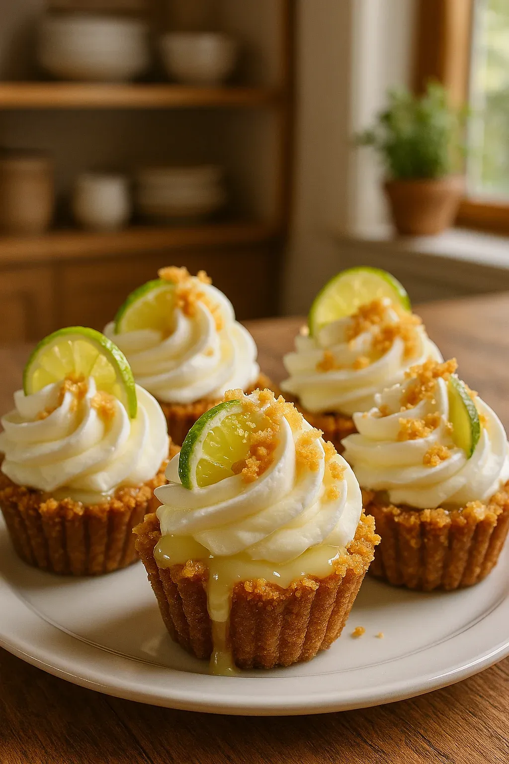 A plate of cupcakes with white frosting and lime wedges on top.