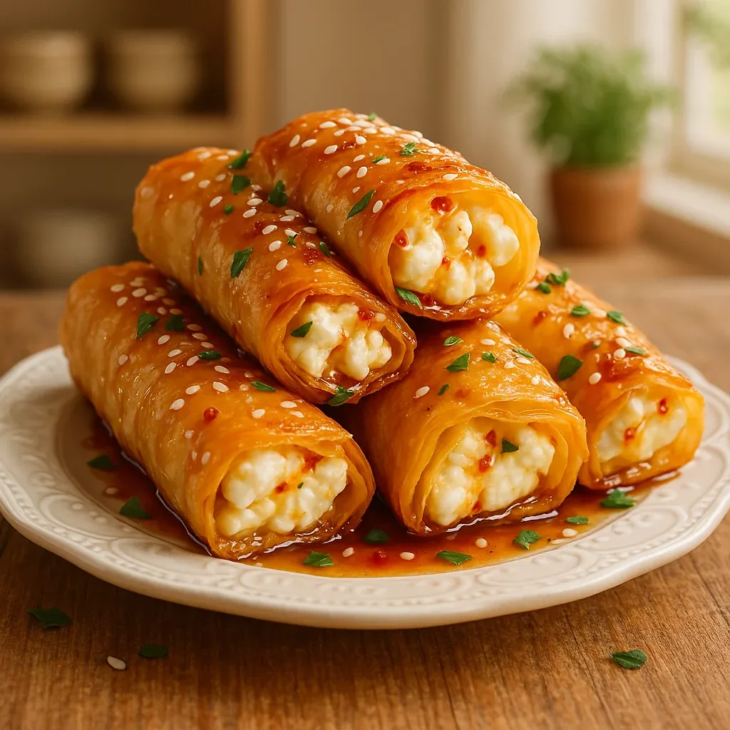 A plate of crispy rolls with sauce.