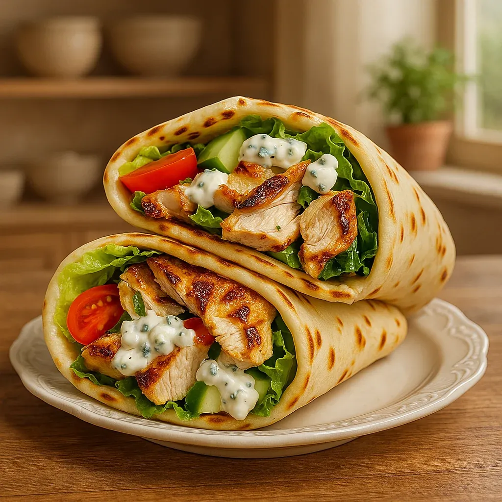A stuffed pita wrap with grilled chicken and vegetables.