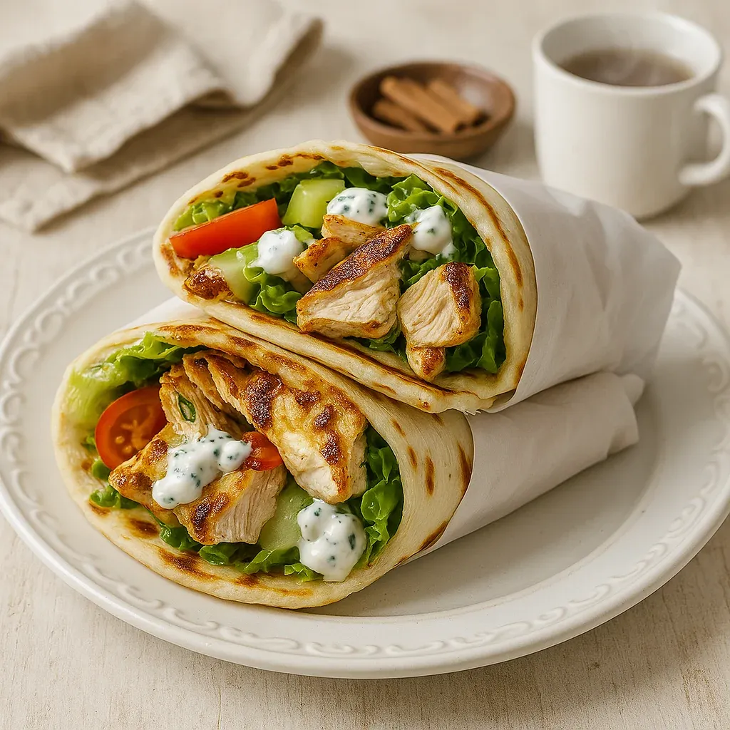 A plate with a wrap sandwich and a cup of coffee.