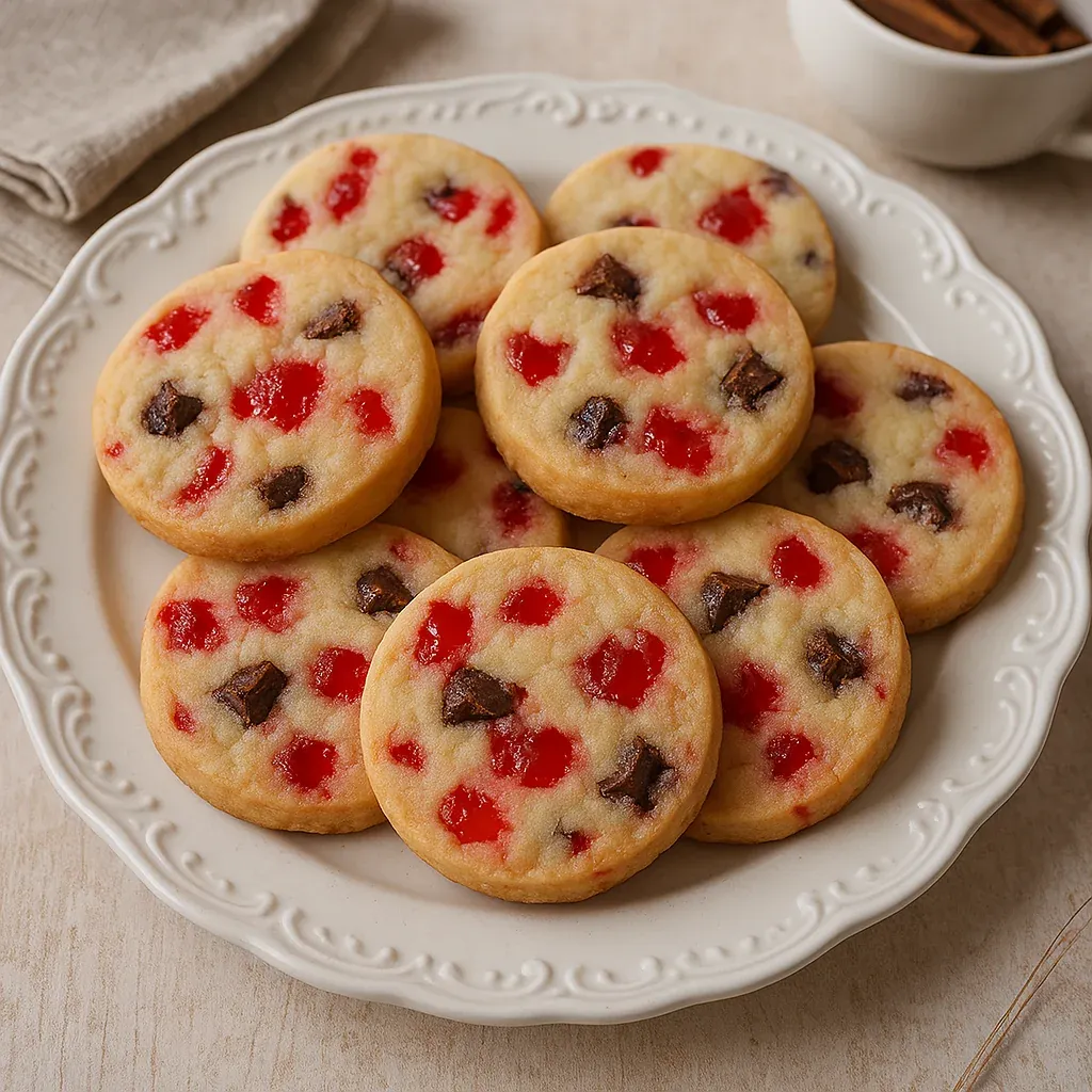 A plate of cookies with red and white icing.