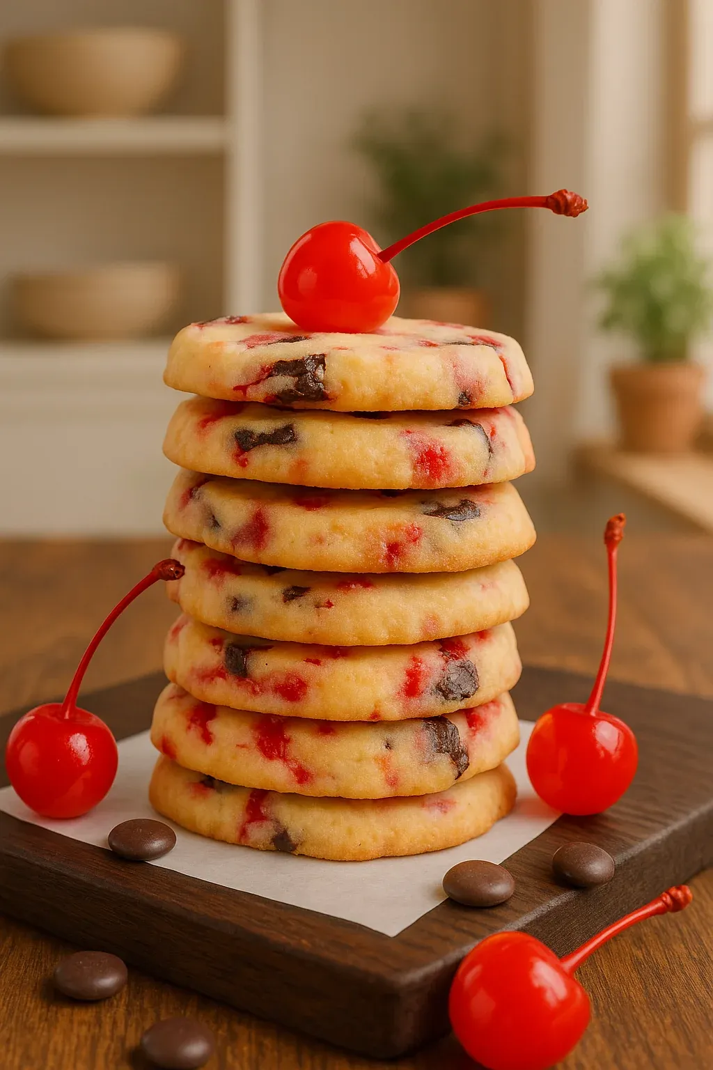 A stack of cookies with cherries on top.