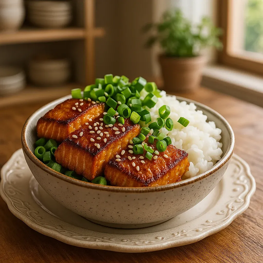 A dish featuring rice and salmon in a bowl.