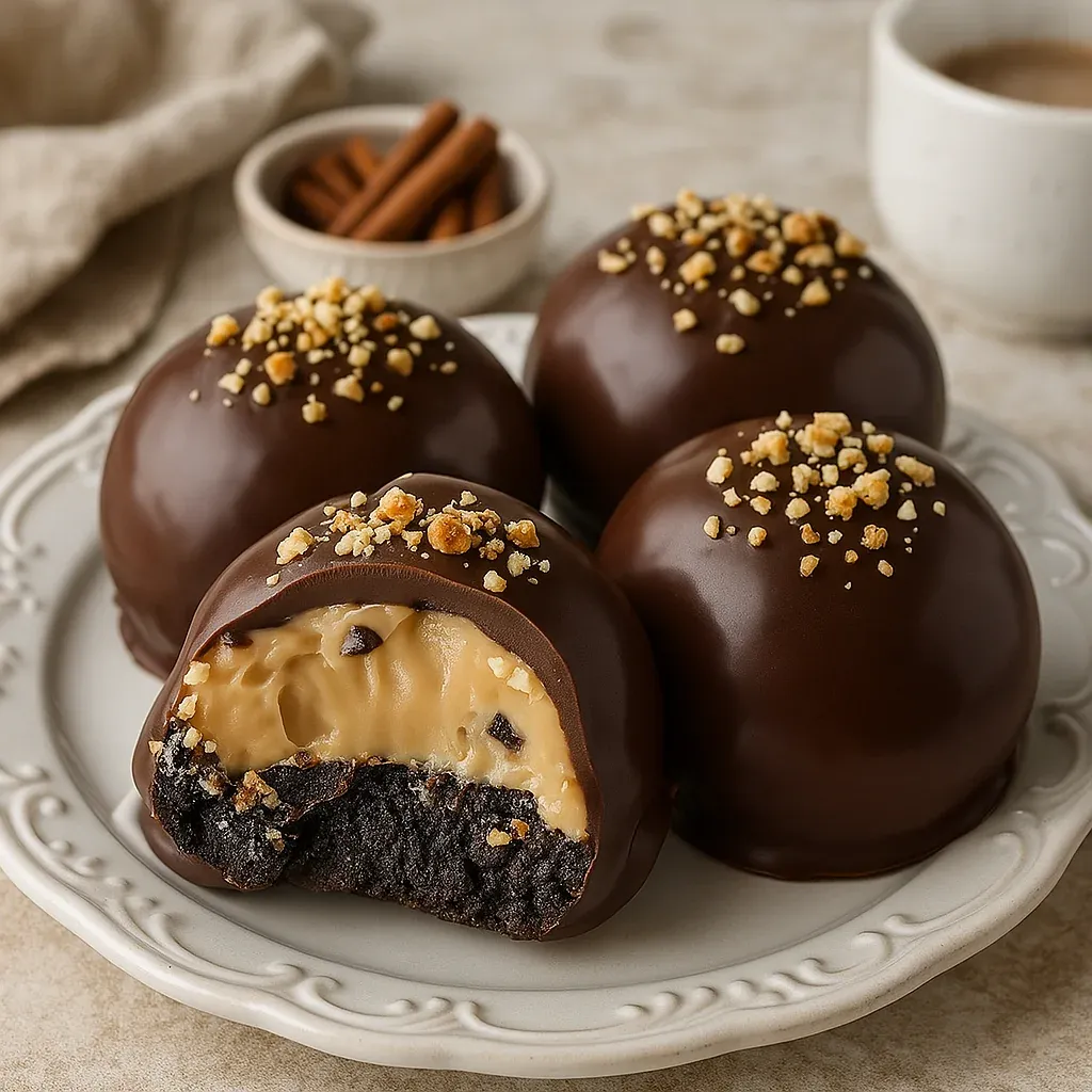 A plate of chocolate balls with nuts on top.