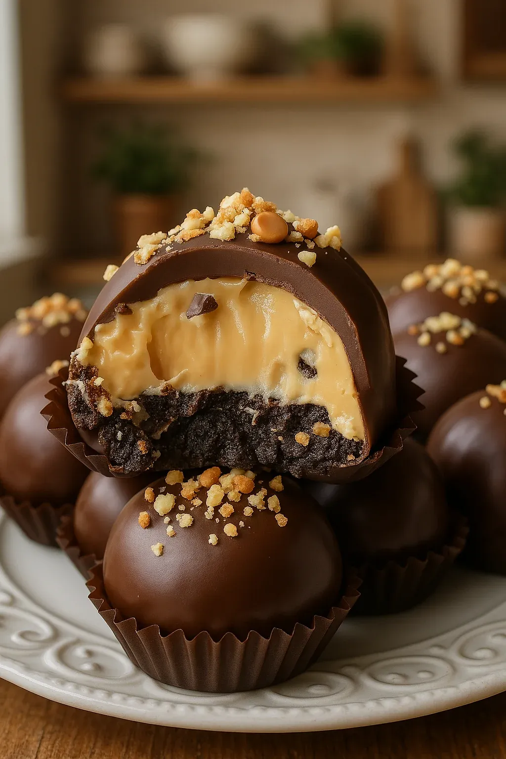 A chocolate cake with a peanut butter filling.