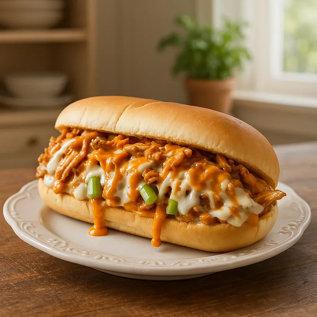 A hearty sandwich on a white plate with cheese and meat.