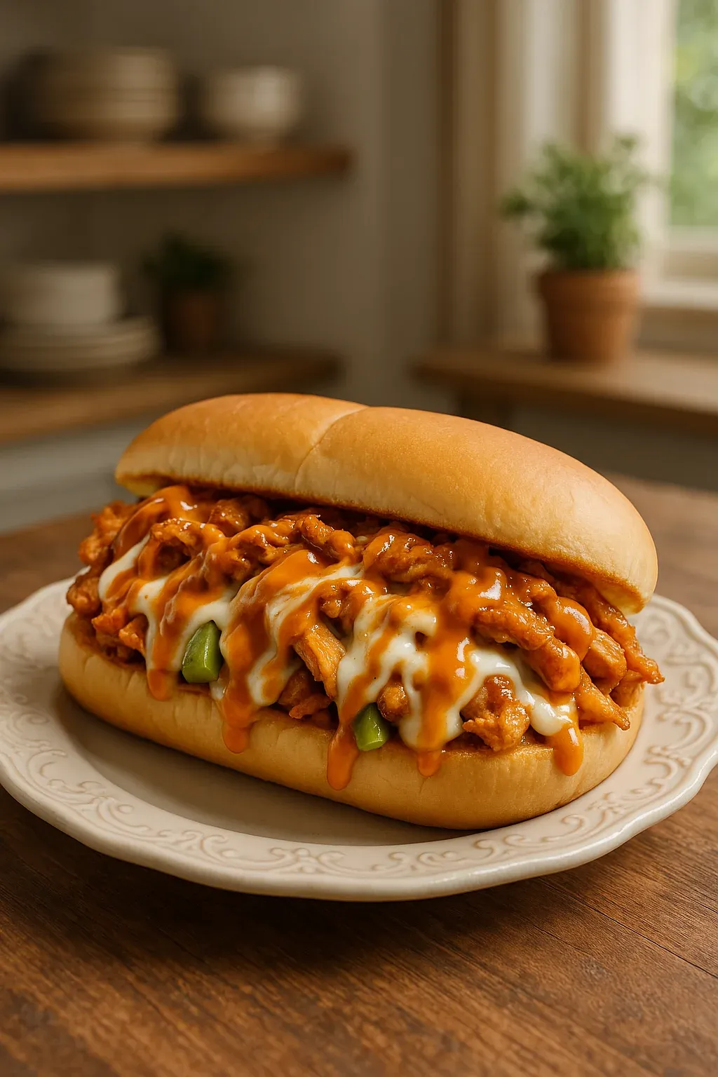 A chicken sandwich with cheese and sauce.