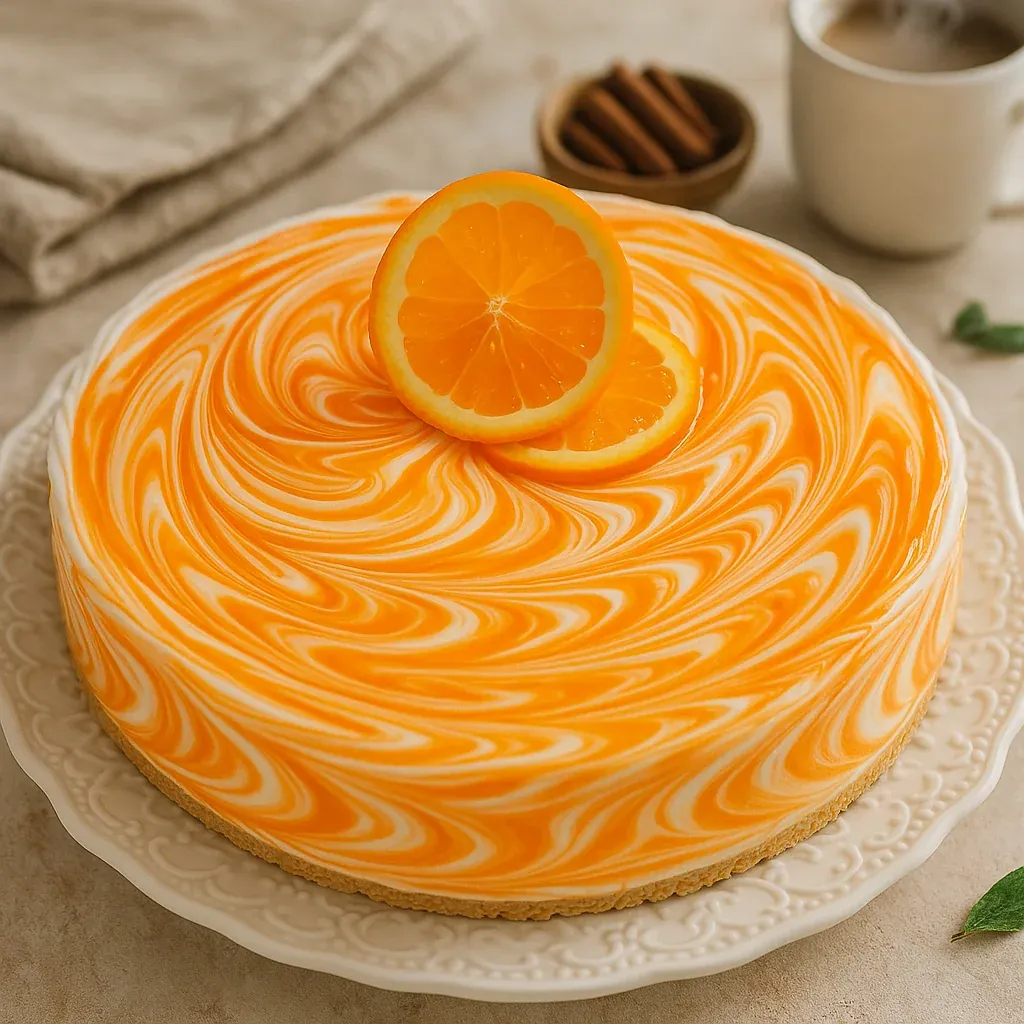A slice of orange cake with a lemon wedge on top.