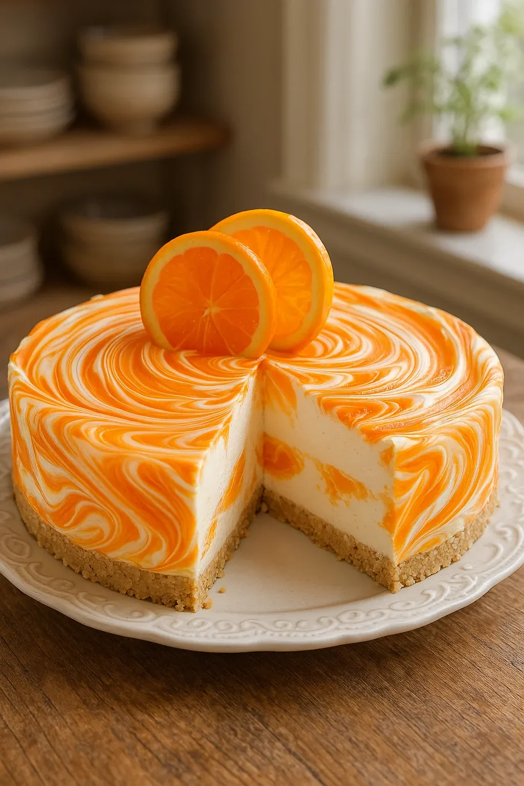 A slice of orange cheesecake with orange slices on top.