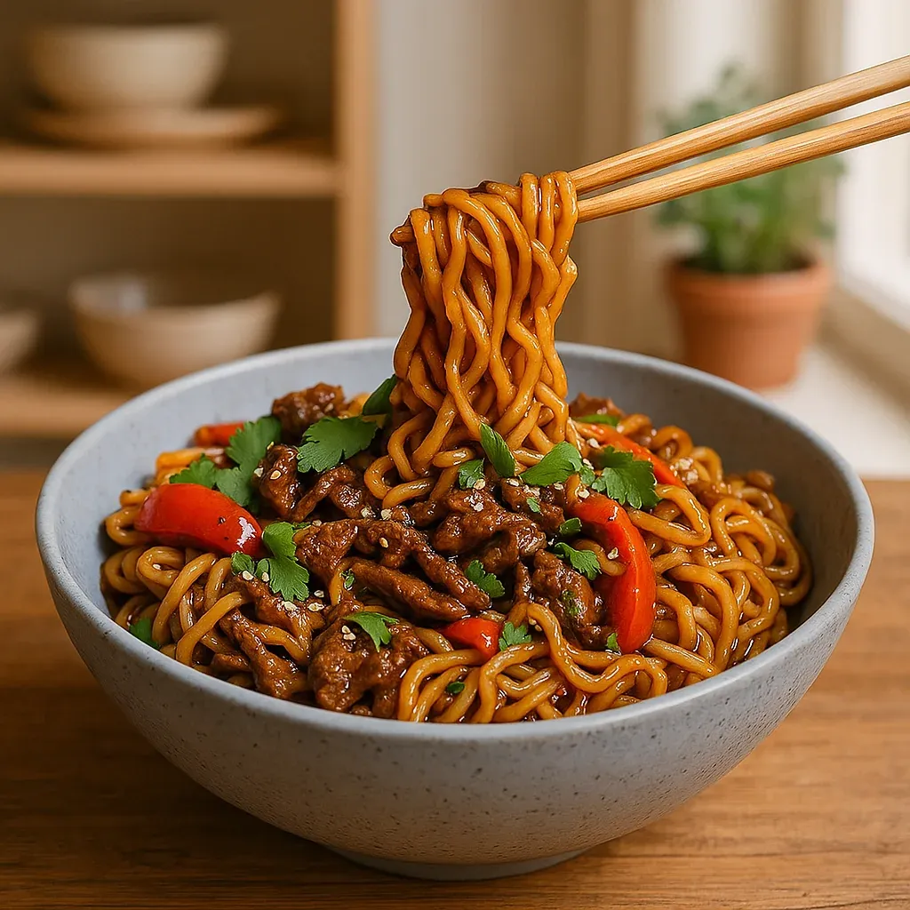 A warm bowl of stir-fried beef and noodles with fresh vegetables.