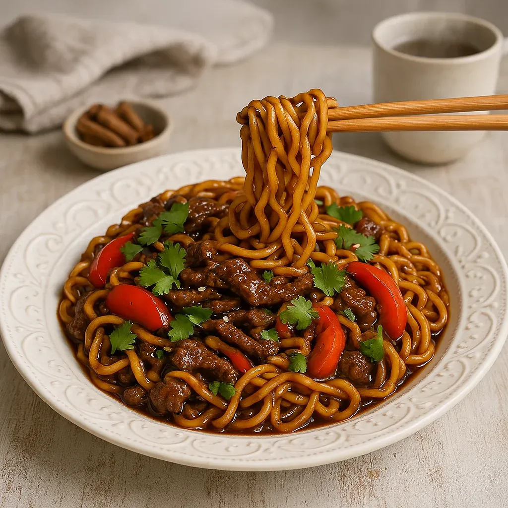 A bowl of noodles with meat and vegetables.