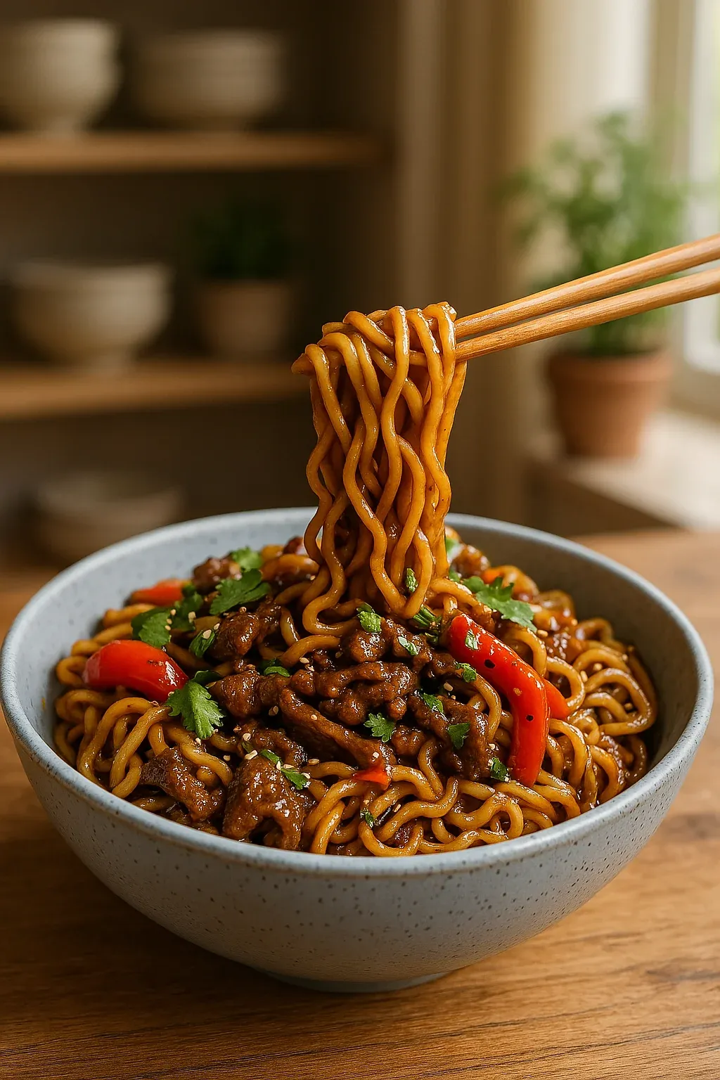 A bowl of noodles with meat and vegetables.