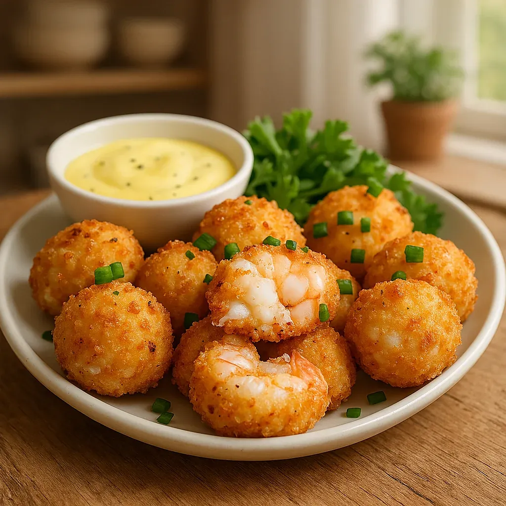 A plate full of crispy golden shrimp cakes with a creamy dipping sauce.