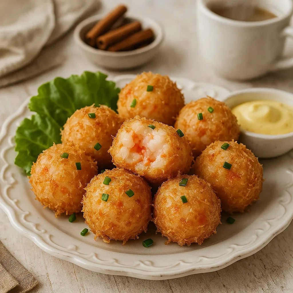 A plate of shrimp balls with a bowl of sauce.