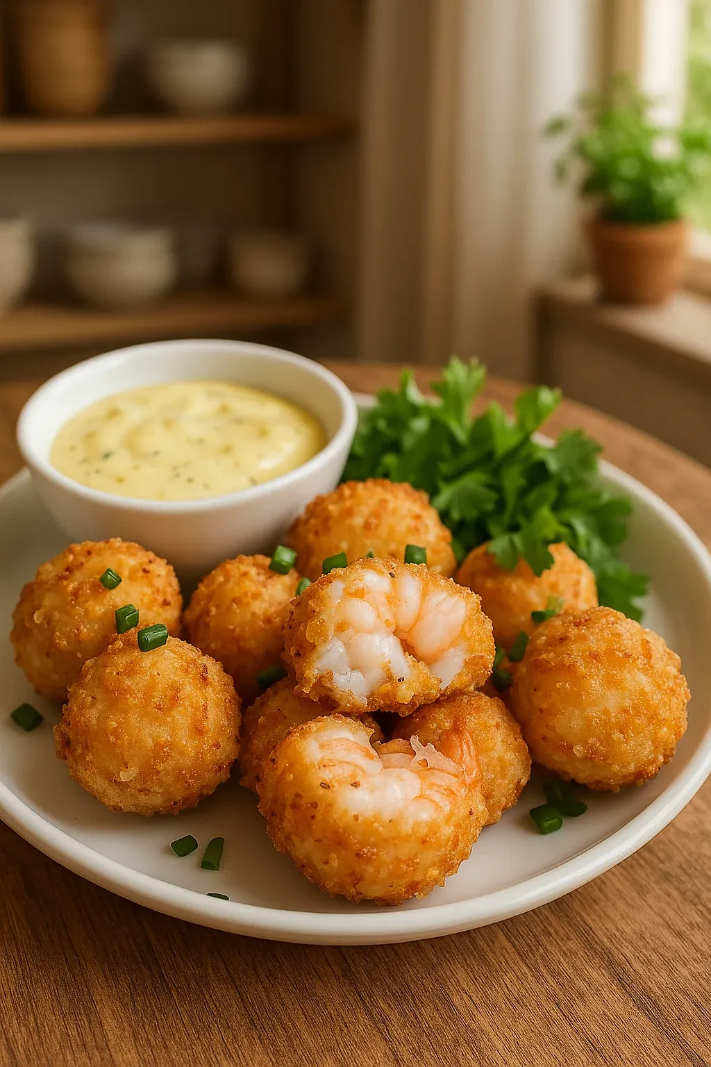 A plate of shrimp and a bowl of sauce.