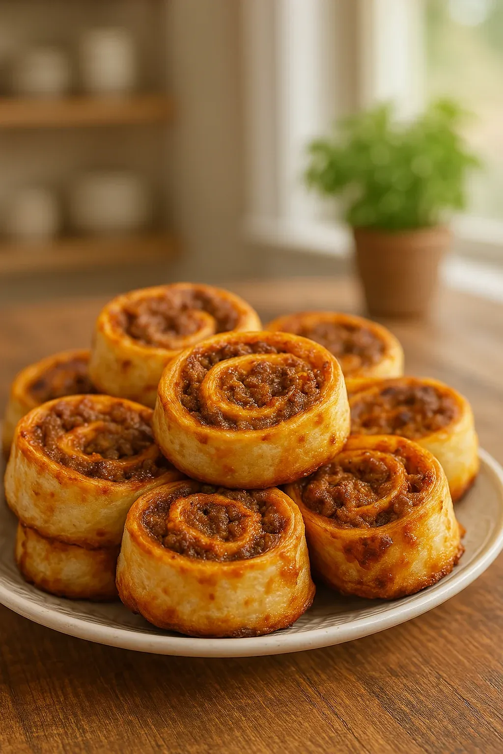 A plate of pastries with a potted plant in the background.