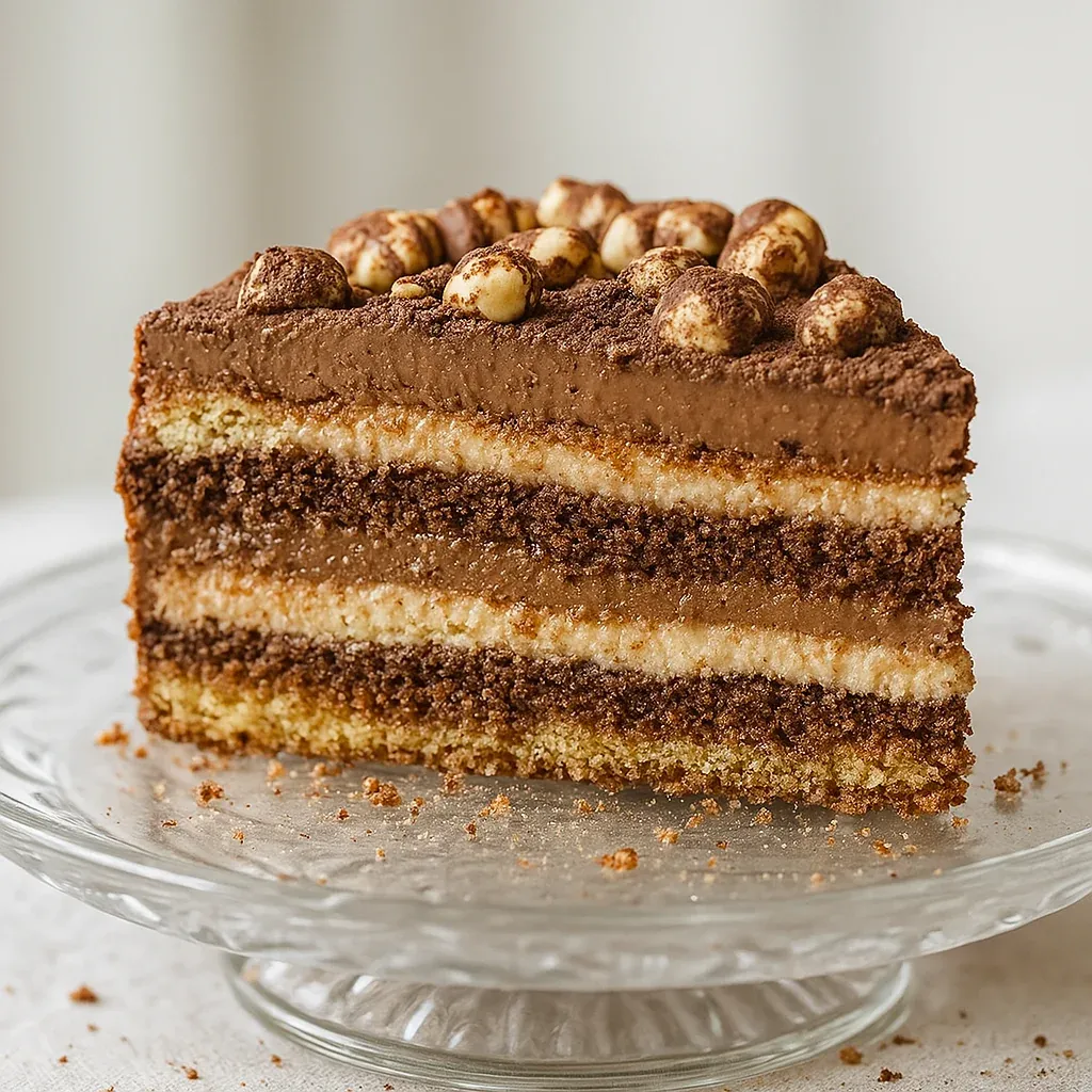 A decorated chocolate dessert topped with nuts.
