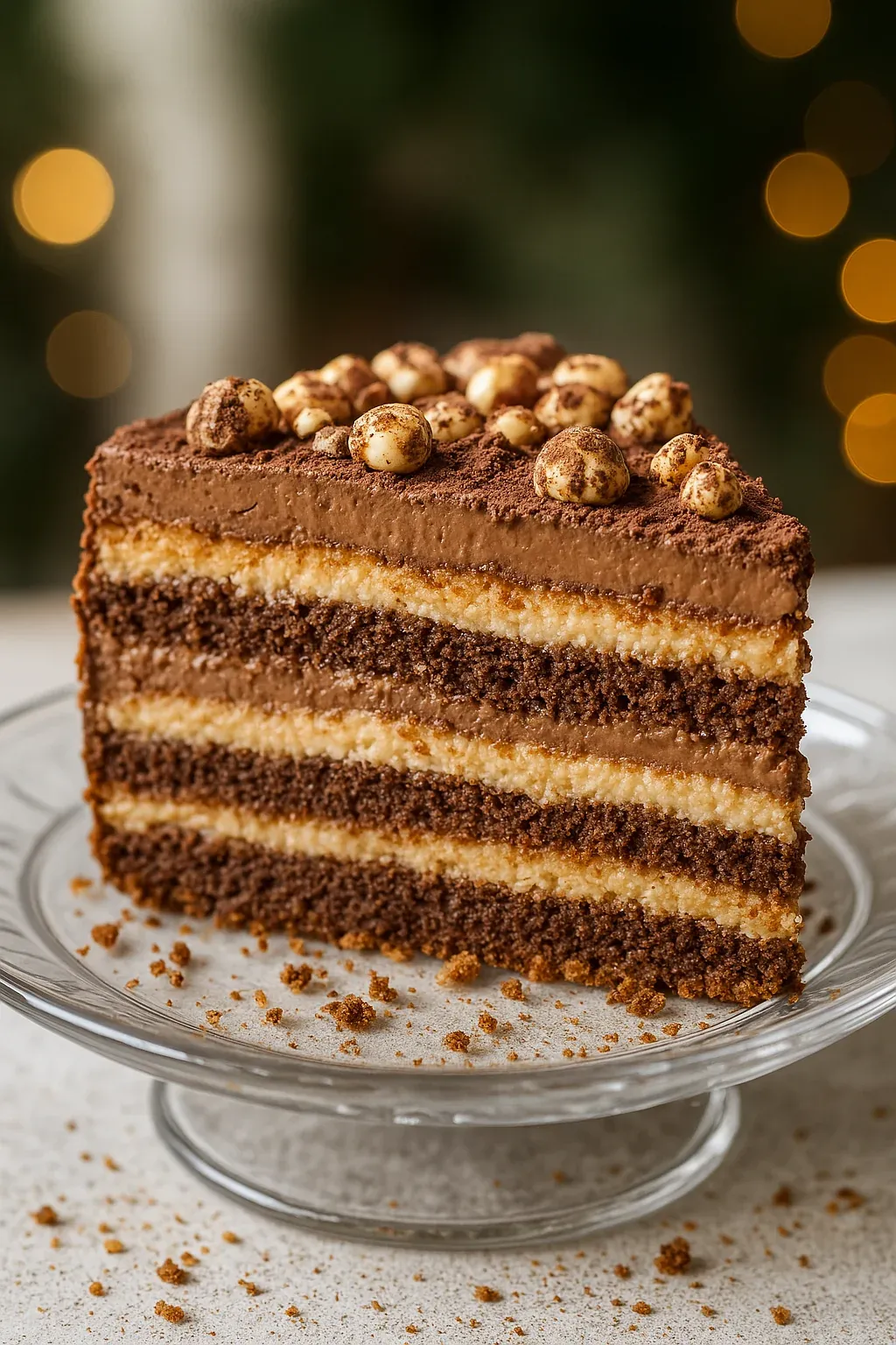 A slice of chocolate cake with nuts on top.