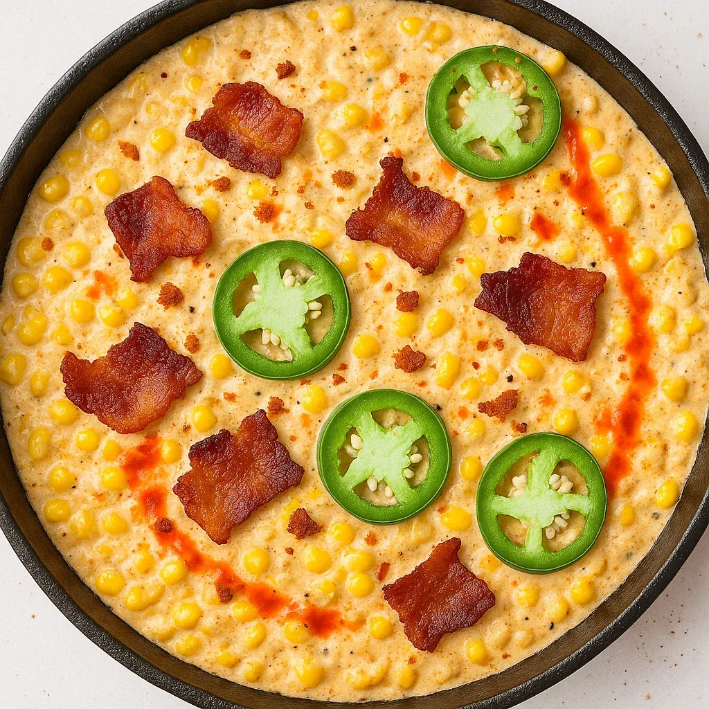 A dish with bacon, corn and jalapenos.