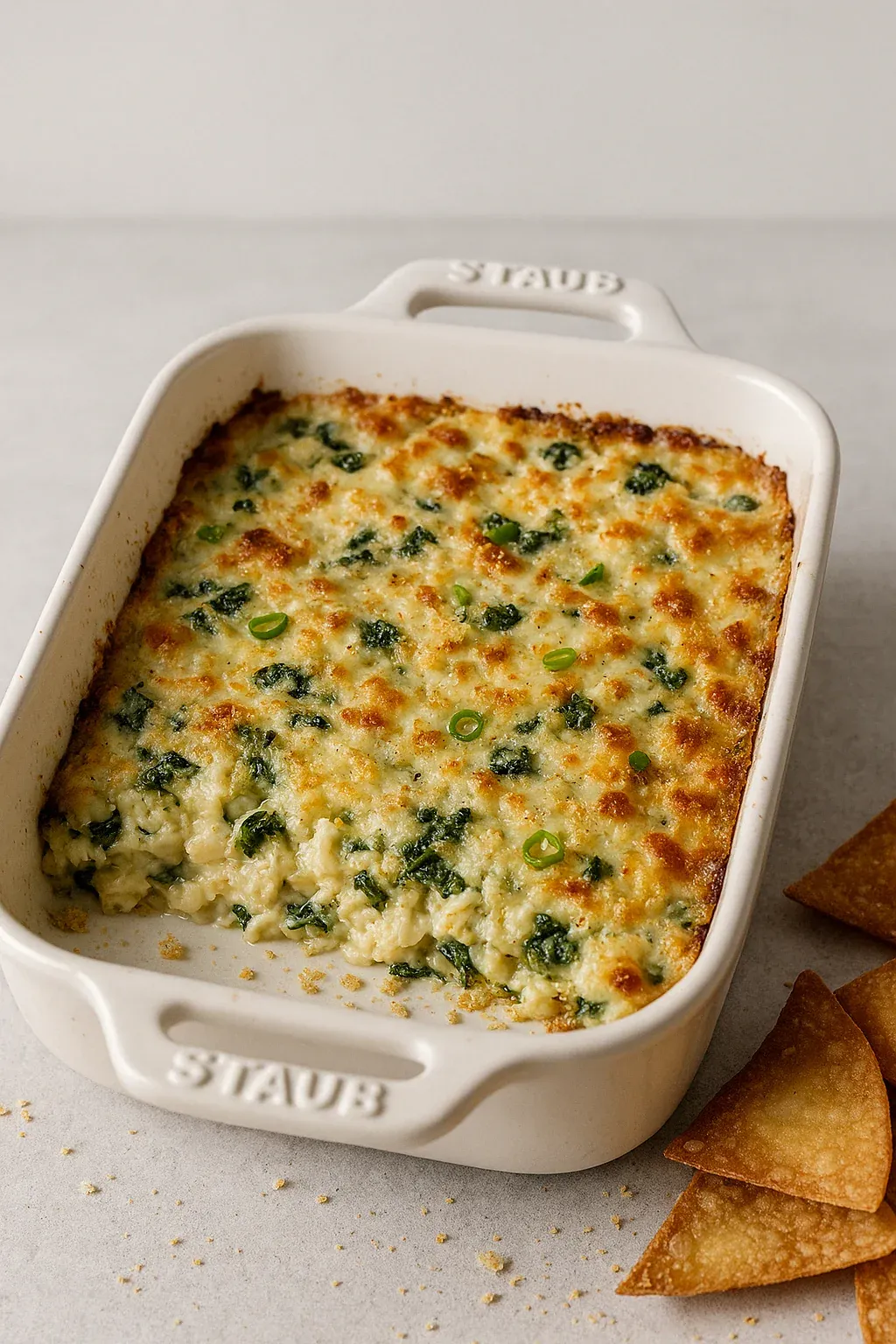 A white dish with a green vegetable topping.