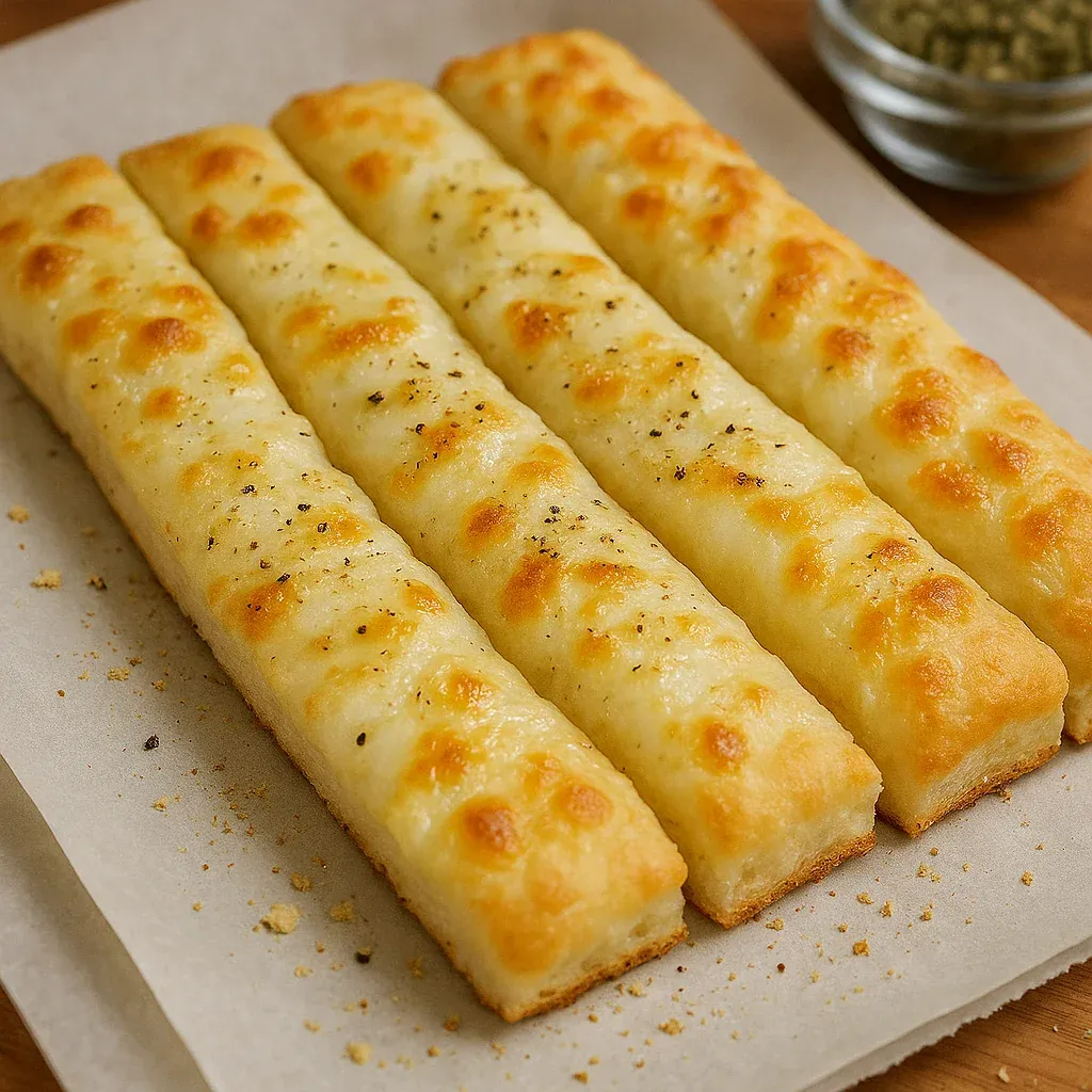 A tray of soft golden breadsticks with melted cheese and fresh herbs.