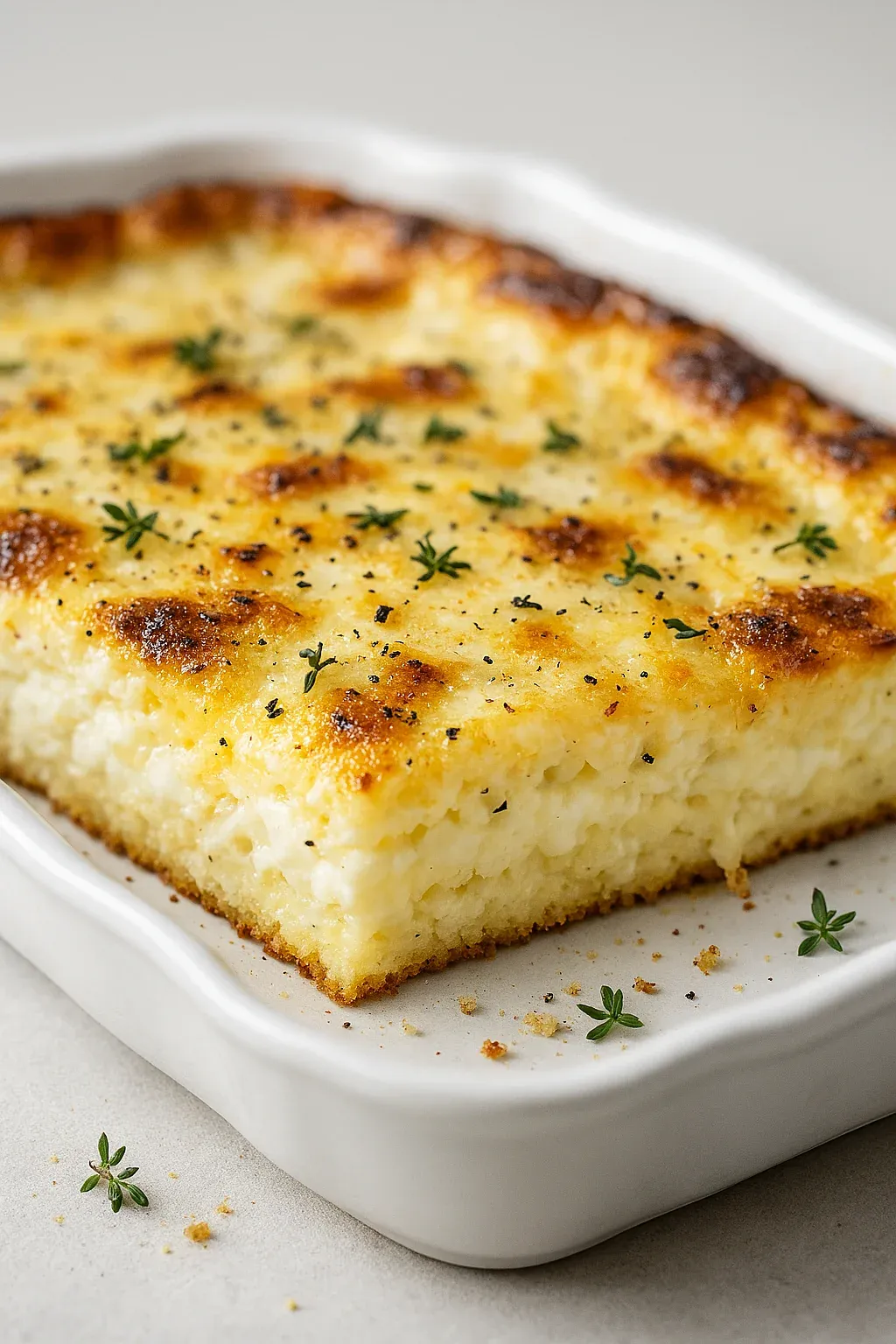 A white plate with a casserole on it.