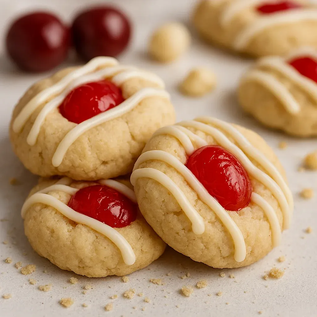 A golden cookie with cherry topping.