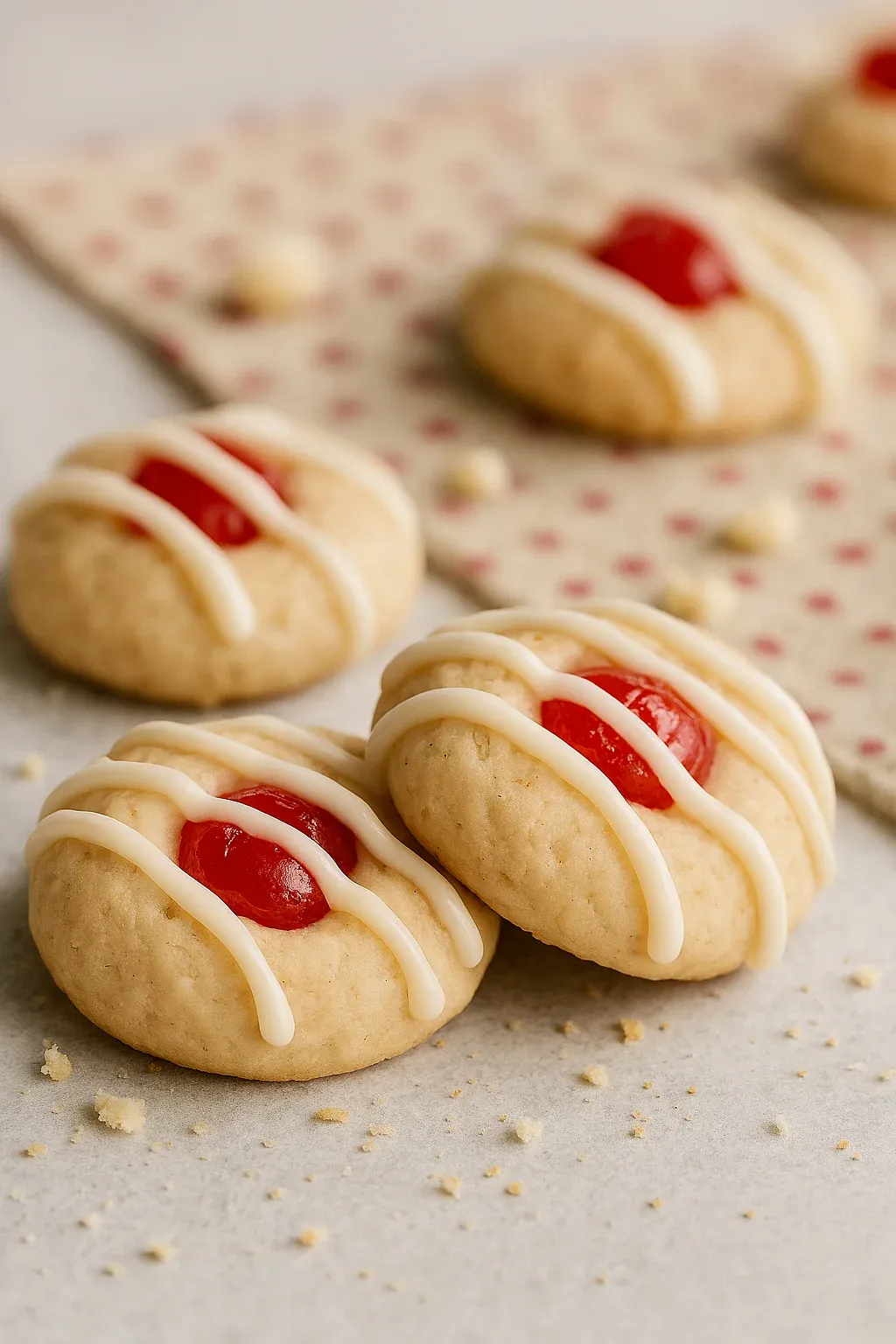 Two cookies with red jelly in the middle.