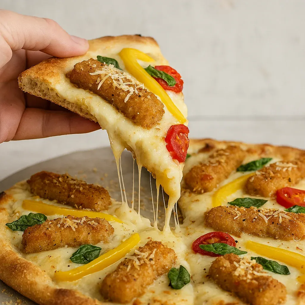A slice of pizza topped with chicken and veggies.